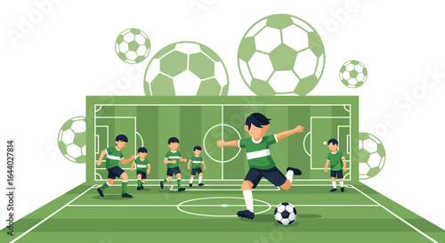 Cartoon illustration showcasing children playing soccer on a green field with balls