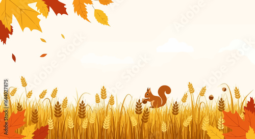 Charming autumn landscape with squirrel amidst wheat and falling leaves illustration