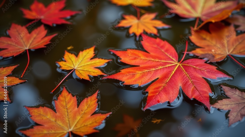 Vibrant Red and Orange Autumn Leaves Floating on Reflective Water Surface in Fall Vibrant Red and Orange Autumn Leaves Floating on Reflective Water Surface in Fall