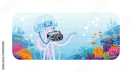 Cartoon jellyfish photographer capturing marine life in colorful ocean scene illustration