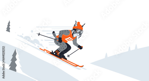 Cartoon Lynx Character Skiing Downhill in a Winter Landscape Illustration