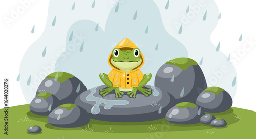 Charming Cartoon Frog Wearing Raincoat on Rock Enjoying Rainy Weather Scene