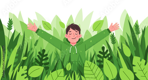 Cartoon man embracing nature in a lush green field expressing joy and freedom symbolizing environmental consciousness and well being