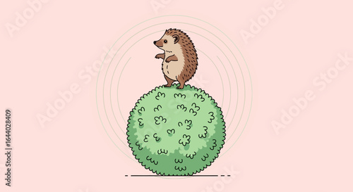 Charming cartoon illustration of a hedgehog perched atop a neatly trimmed bush in whimsical design