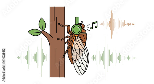 Cicada wearing headphones singing and sitting on a tree trunk is funny and cute