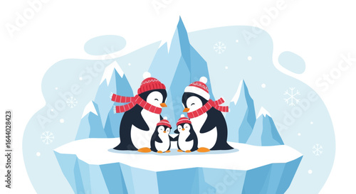 Charming cartoon illustration of a penguin family enjoying winter scenery in Antarctica
