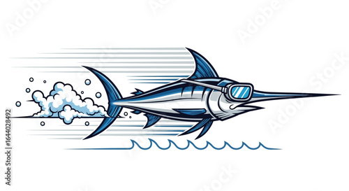 Cartoon marlin character with goggles swimming fast with water splash vector illustration
