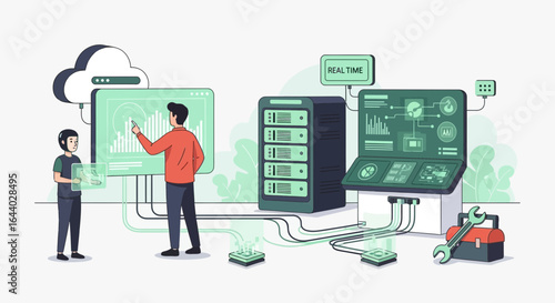 Cloud computing and data analysis infrastructure with engineers monitoring real-time performance