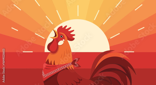 Cockadoodle Doo Rooster Crowing At Sunrise Rooster with Bandana Illustration