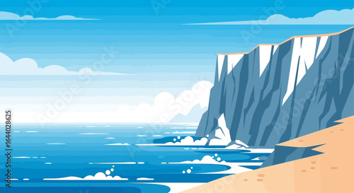 Coastal Scenery Vector Cliffside View With Ocean Waves And Cloudy Skies