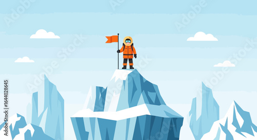 Cartoon mountain climber on snowy peak achieving success with flag illustration