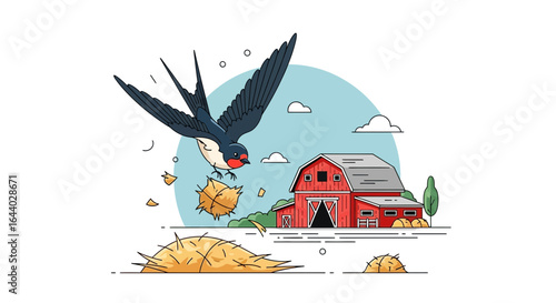 Charming depiction of a swallow in flight carrying hay bales near a red barn evokes rural tranquility and agricultural life on the farm