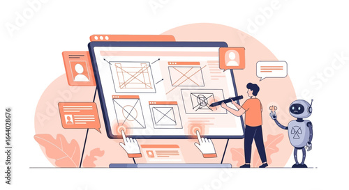 Collaboration between a ui ux designer and ai robot on website interface design illustration