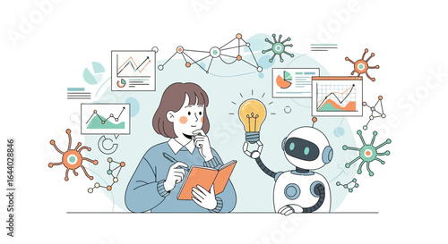 Collaborative innovation woman and robot working on data analysis and solutions