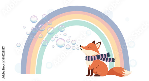 Charming Fox Blowing Bubbles Under a Pastel Rainbow Cartoon Illustration