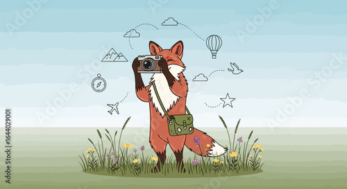 Charming fox photographer capturing wanderlust with camera amidst scenic landscape illustration