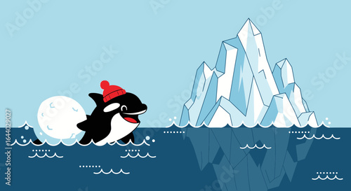 Cartoon orca with hat and snowball near iceberg illustration on light blue background