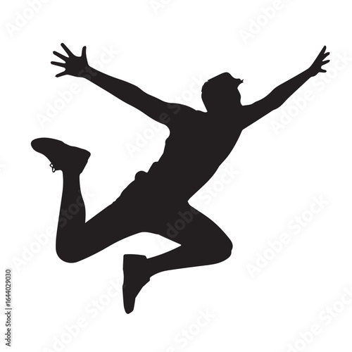 Silhouette of a joyful person leaping with arms outstretched in celebration