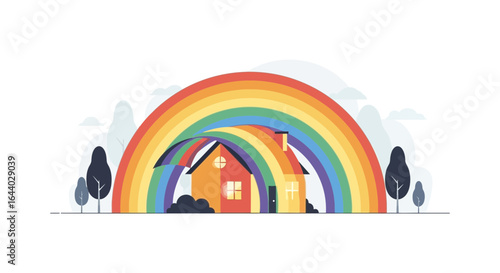 Charming House Under a Vibrant Rainbow, Symbolizing Hope and Happiness minimum 50 characters, maximum 100 characters, make the result into 1 line or answer only, no comma at the end