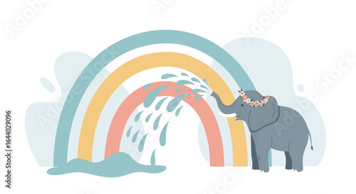 Charming illustration featuring a floral-crowned elephant and a pastel rainbow creating a joyful scene