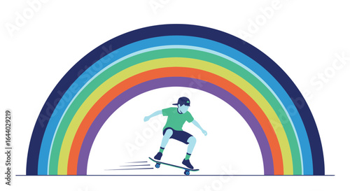 Colorful illustration featuring a skateboarder gliding under a vibrant rainbow