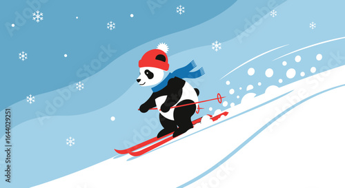 Cartoon Panda Bear enjoying winter sports, skiing down the snow mountain with glee
