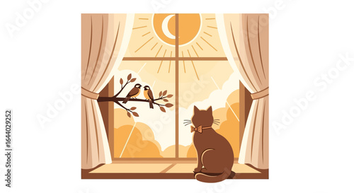 Charming illustration of a cat watching birds outside the window in warm light of the sun