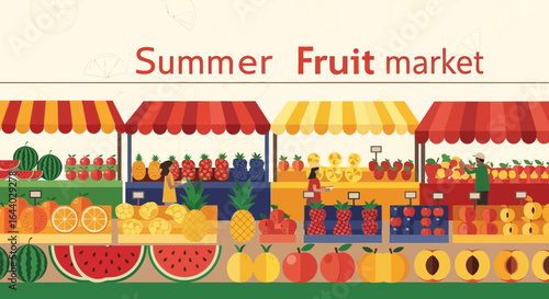 Colorful illustration of a summer fruit market with various stalls and vendors selling fresh produce such as watermelons and pineapples
