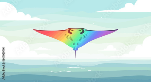 Colorful manta ray gliding through the ocean under a bright, cloudy sky illustration