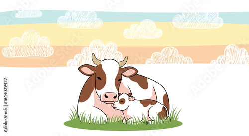 Charming Illustration of a Mother Cow and Calf Resting in a Peaceful Meadow at Sunset