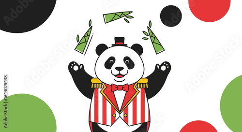 Cartoon panda in ringmaster outfit juggling bamboo shoots creates playful scene for children and designs