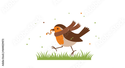 Charming illustration of a robin wearing a scarf carrying a worm in its beak over grass