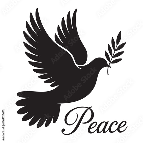 Silhouette of a dove carrying an olive branch with the word peace below