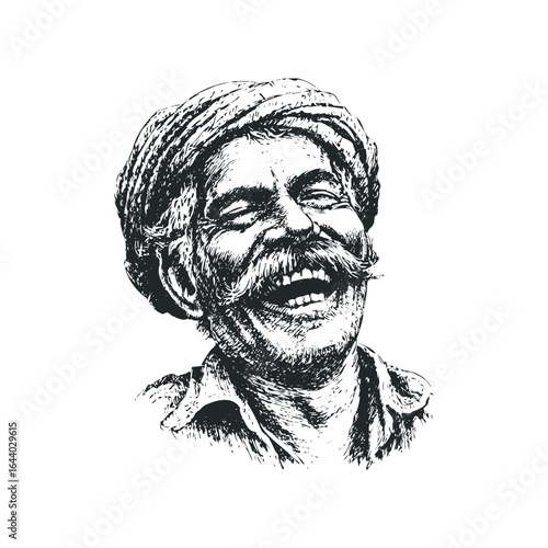 Man Laughing Heartily Wearing Traditional Turban and Mustache