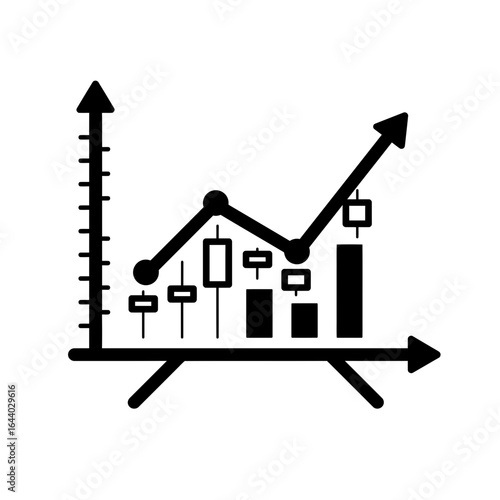 Black and white candlestick chart with arrow axis silhouette