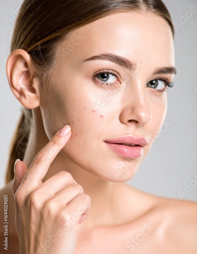 Young woman pointing at her acne on face, skin problem and beauty