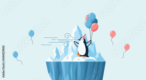 Cartoon penguin celebrating on an iceberg with balloons in a whimsical illustration
