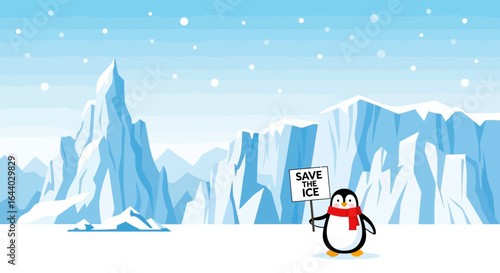 Cartoon Penguin Holding 'Save the Ice' Sign in Arctic Landscape with Icebergs