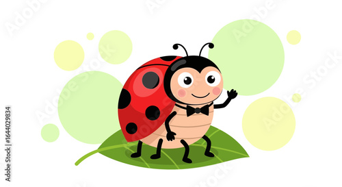 Charming Ladybug Cartoon Character Welcomingly Resting on a Leaf amid Whimsical Bubbles