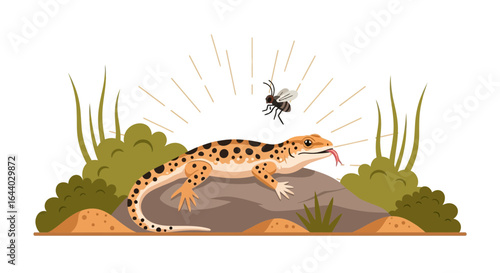 Charming leopard gecko illustration stalking a fly in a natural habitat scene