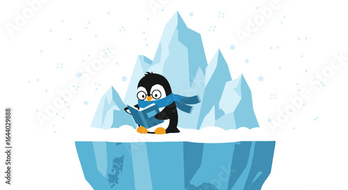 Cartoon penguin reading on iceberg amidst snowy landscape with glaciers, evokes charm