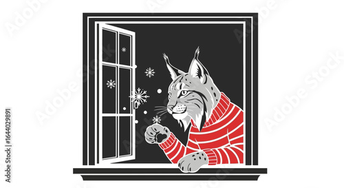 Charming Lynx Character in Striped Sweater Gazing out Window at Falling Snowflakes Graphic