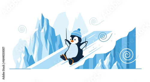 Charming penguin cartoon character joyfully swinging in a winter wonderland landscape scene illustration