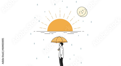 Conceptual illustration of a man with umbrella facing sun and moon in the rain with minimalism style drawing with pastel colors