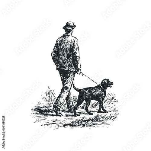 Man in hat walking a dog outdoors in a grassy area sketch