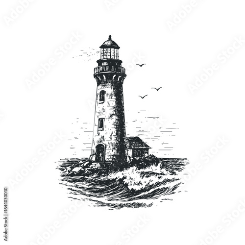 Sketch of a lighthouse on rocky shore with rough sea and birds