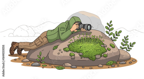 Cartoon photographer taking a macro shot lying on a rock, nature and adventure theme illustration