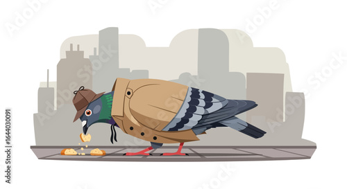 Cartoon pigeon dressed in a trench coat and hat in an urban city environment