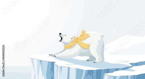Cartoon polar bear wearing a yellow scarf stretches on iceberg illustration