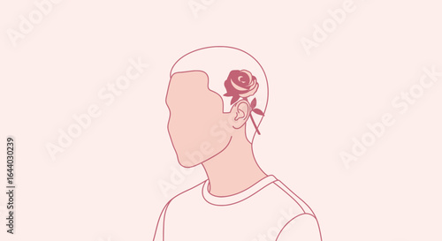 Conceptual minimalist illustration of a man with a rose in place of his mind